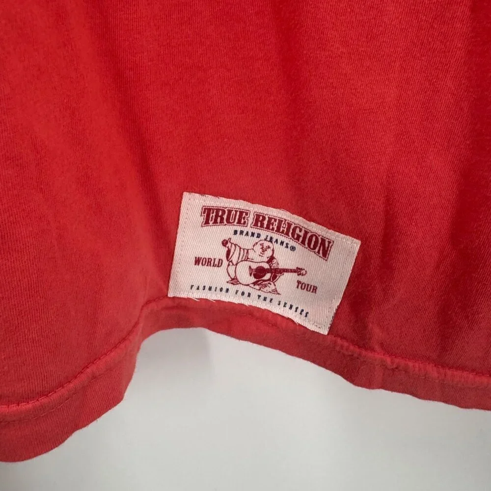 True Religion Red Puff Logo T-Shirt Mens 2XL Made In USA Graphic Buddha Design